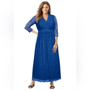 Jessica London Blue Lace V-Neck Maxi Dress with Three-Quarter Sleeves